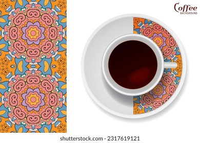 Cup of coffee with colorful ornament on a saucer and vertical seamless floral geometric pattern. Business coffee break concept, interior design background. Isolated coffee cup and plate decor element