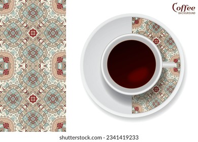 Cup of coffee with colorful ornament on a saucer and vertical seamless floral geometric pattern. Business coffee break concept, interior design background. Isolated coffee cup and plate decor element