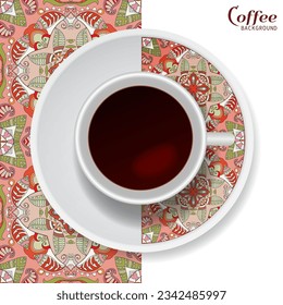 Cup of coffee with colorful ornament on a saucer and vertical seamless floral geometric pattern. Business coffee break concept, interior design background. Isolated coffee cup and plate decor element