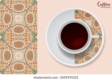 Cup of coffee with colorful ornament on a saucer and vertical seamless floral geometric pattern. Business coffee break concept, interior design background. Isolated coffee cup and plate decor element