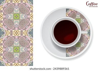 Cup of coffee with colorful ornament on a saucer and vertical seamless floral geometric pattern. Business coffee break concept, interior design background. Isolated coffee cup and plate decor element