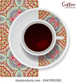 Cup of coffee with colorful ornament on a saucer and vertical seamless floral geometric pattern. Business coffee break concept, interior design background. Isolated coffee cup and plate decor element