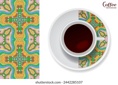 Cup of coffee with colorful ornament on a saucer and vertical seamless floral geometric pattern. Business coffee break concept, interior design background. Isolated coffee cup and plate decor element