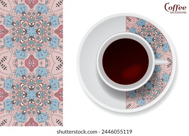 Cup of coffee with colorful ornament on a saucer and vertical seamless floral geometric pattern. Business coffee break concept, interior design background. Isolated coffee cup and plate decor element