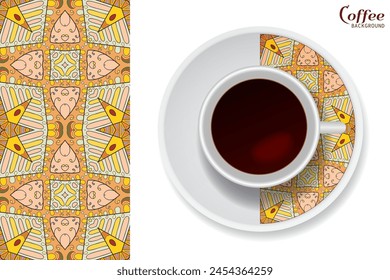 Cup of coffee with colorful ornament on a saucer and vertical seamless floral geometric pattern. Business coffee break concept, interior design background. Isolated coffee cup and plate decor element