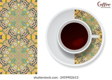 Cup of coffee with colorful ornament on a saucer and vertical seamless floral geometric pattern. Business coffee break concept, interior design background. Isolated coffee cup and plate decor element