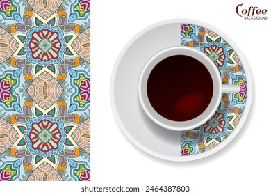 Cup of coffee with colorful ornament on a saucer and vertical seamless floral geometric pattern. Business coffee break concept, interior design background. Isolated coffee cup and plate decor element