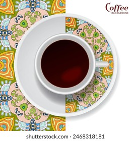 Taza de café con adorno colorido en un platillo y Vertical sin patrón geométrico floral. Concepto de descanso de café de negocios, fondo de diseño de interiores. Taza de café aislada y elemento de decoración de platos