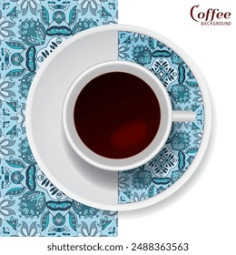 Taza de café con adorno colorido en un platillo y Vertical sin patrón geométrico floral. Concepto de descanso de café de negocios, fondo de diseño de interiores. Taza de café aislada y elemento de decoración de platos