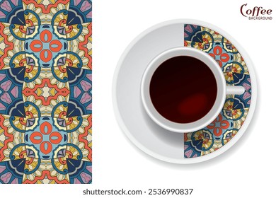 Xícara de café com ornamento colorido em um pires e padrão geométrico floral vertical sem emenda. Conceito de quebra de café de negócios, fundo de design de interiores. Copo de café isolado e elemento de decoração de placa