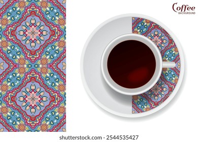 Xícara de café com ornamento colorido em um pires e padrão geométrico floral vertical sem emenda. Conceito de quebra de café de negócios, fundo de design de interiores. Copo de café isolado e elemento de decoração de placa