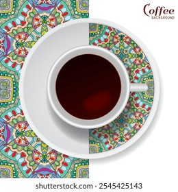 Xícara de café com ornamento colorido em um pires e padrão geométrico floral vertical sem emenda. Conceito de quebra de café de negócios, fundo de design de interiores. Copo de café isolado e elemento de decoração de placa