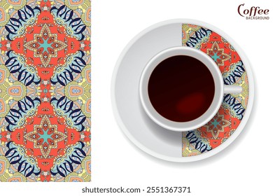 Xícara de café com ornamento colorido em um pires e padrão geométrico floral vertical sem emenda. Conceito de quebra de café de negócios, fundo de design de interiores. Copo de café isolado e elemento de decoração de placa