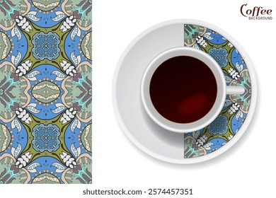 Cup of coffee with colorful ornament on a saucer and vertical seamless floral geometric pattern. Business coffee break concept, interior design background. Isolated coffee cup and plate decor element