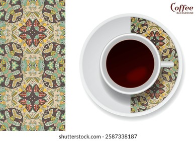 Cup of coffee with colorful ornament on a saucer and vertical seamless floral geometric pattern. Business coffee break concept, interior design background. Isolated coffee cup and plate decor element