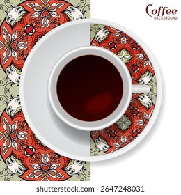 Xícara de café com ornamento colorido em um pires e padrão geométrico floral vertical sem emenda. Conceito de quebra de café de negócios, fundo de design de interiores. Copo de café isolado e elemento de decoração de placa