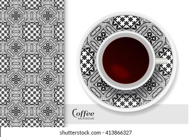 Cup of coffee with colorful ornament on a saucer and vertical seamless floral geometric pattern. Business coffee break concept, interior design background. Isolated elements. Black and white  