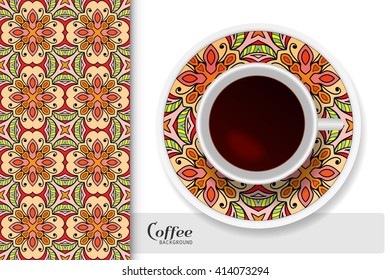 Cup of coffee with colorful ornament on a saucer and vertical seamless floral geometric pattern. Business coffee break concept, interior design background. Isolated elements 