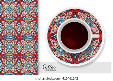 Cup of coffee with colorful ornament on a saucer and vertical seamless floral geometric pattern. Business coffee break concept, interior design background. Isolated coffee cup, plate decor elements 