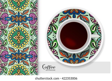Cup of coffee with colorful ornament on a saucer and vertical seamless floral geometric pattern. Business coffee break concept, interior design background. Isolated coffee cup and plate decor element