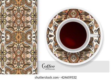 Cup of coffee with colorful ornament on a saucer and vertical seamless floral geometric pattern. Business coffee break concept, interior design background. Isolated coffee cup and plate decor element 