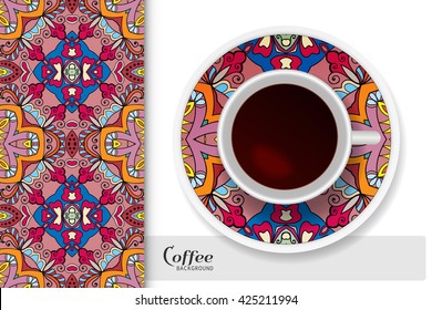 Cup of coffee with colorful ornament on a saucer and vertical seamless floral geometric pattern. Business coffee break concept, interior design background. Isolated coffee cup and plate decor element 