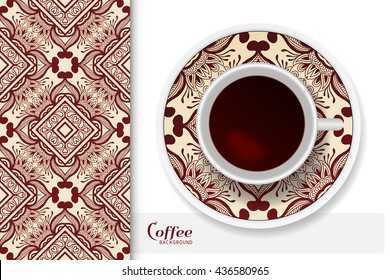 Cup of coffee with colorful ornament on a saucer and vertical seamless floral geometric pattern. Business coffee break concept, interior design background. Isolated coffee cup and plate decor elements
