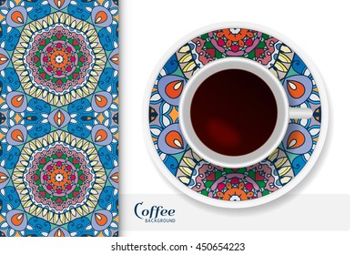 Cup of coffee with colorful ornament on a saucer and vertical seamless floral geometric pattern. Business coffee break concept, interior design background. Isolated coffee cup and plate decor elements