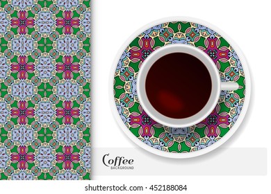 Cup of coffee with colorful ornament on a saucer and vertical seamless floral geometric pattern. Business coffee break concept, interior design background. Isolated coffee cup and plate decor elements