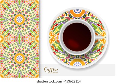 Cup of coffee with colorful ornament on a saucer and vertical seamless floral geometric pattern. Business coffee break concept, interior design background. Isolated coffee cup and plate decor elements