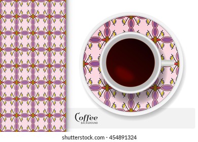 Cup of coffee with colorful ornament on a saucer and vertical seamless floral geometric pattern. Business coffee break concept, interior design background. Isolated coffee cup and plate decor elements