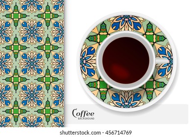 Cup of coffee with colorful ornament on a saucer and vertical seamless floral geometric pattern. Business coffee break concept, interior design background. Isolated coffee cup and plate decor elements