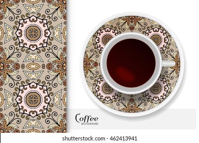 Cup of coffee with colorful ornament on a saucer and vertical seamless floral geometric pattern. Business coffee break concept, interior design background. Isolated coffee cup and plate decor elements