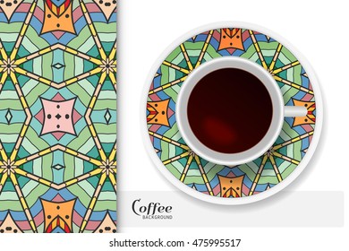 Cup of coffee with colorful ornament on a saucer and vertical seamless floral geometric pattern. Business coffee break concept, interior design background. Isolated coffee cup and plate decor elements