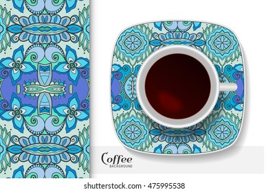 Cup of coffee with colorful ornament on a saucer and vertical seamless floral geometric pattern. Business coffee break concept, interior design background. Isolated coffee cup and plate decor elements