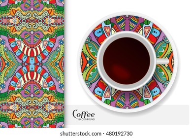 Cup of coffee with colorful ornament on a saucer and vertical seamless floral geometric pattern. Business coffee break concept, interior design background. Isolated coffee cup and plate decor elements