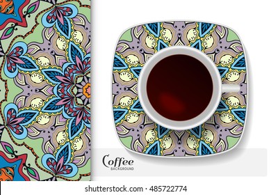Cup of coffee with colorful ornament on a saucer and vertical seamless floral geometric pattern. Business coffee break concept, interior design background. Isolated coffee cup and plate decor elements