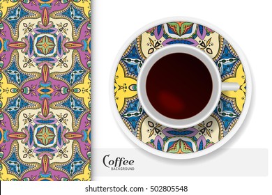 Cup of coffee with colorful ornament on a saucer and vertical seamless floral geometric pattern. Business coffee break concept, interior design background. Isolated coffee cup and plate decor elements