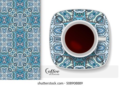 Cup of coffee with colorful ornament on a saucer and vertical seamless floral geometric pattern. Business coffee break concept, interior design background. Isolated coffee cup and plate decor elements