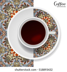Cup of coffee with colorful ornament on a saucer and vertical seamless floral geometric pattern. Business coffee break concept, interior design background. Isolated coffee cup and plate decor elements