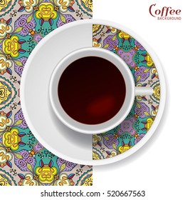 Cup of coffee with colorful ornament on a saucer and vertical seamless floral geometric pattern. Business coffee break concept, interior design background. Isolated coffee cup and plate decor elements
