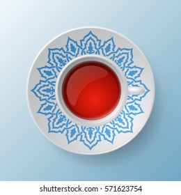 Cup of coffee with colorful ornament on a saucer and seamless floral geometric pattern. Business coffee break concept, interior design background. Isolated coffee cup and plate decor elements eps10