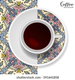 Cup of coffee with colorful ornament on a saucer and vertical seamless floral geometric pattern. Business coffee break concept, interior design background. Isolated coffee cup and plate decor elements