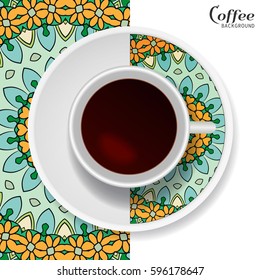 Cup of coffee with colorful ornament on a saucer and vertical seamless floral geometric pattern. Business coffee break concept, interior design background. Isolated coffee cup and plate decor elements