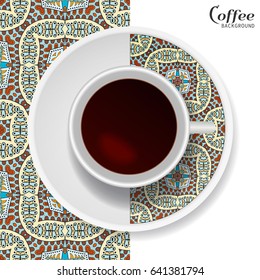 Cup of coffee with colorful ornament on a saucer and vertical seamless floral geometric pattern. Business coffee break concept, interior design background. Isolated coffee cup and plate decor elements