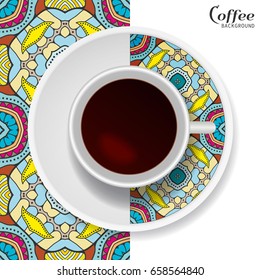 Cup of coffee with colorful ornament on a saucer and vertical seamless floral geometric pattern. Business coffee break concept, interior design background. Isolated coffee cup and plate decor elements