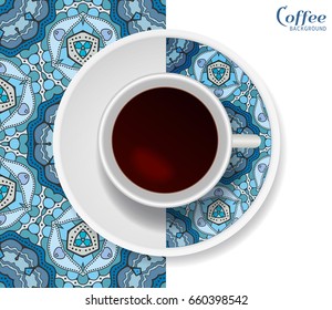 Cup of coffee with colorful ornament on a saucer and vertical seamless doodle geometric pattern. Business coffee break concept, interior design background. Isolated coffee cup and plate decor elements