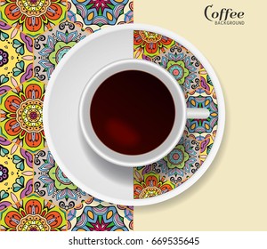 Cup of coffee with colorful ornament on a saucer and seamless patchwork quilt pattern. Business coffee break concept, interior design background. Isolated coffee cup and plate decor elements