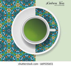 Cup of coffee with colorful ornament on a saucer and seamless patchwork quilt pattern. Business coffee break concept, interior design background. Isolated coffee cup and plate decor elements