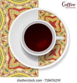 Cup of coffee with colorful ornament on a saucer and vertical seamless floral geometric pattern. Business coffee break concept, interior design background. Isolated coffee cup and plate decor element